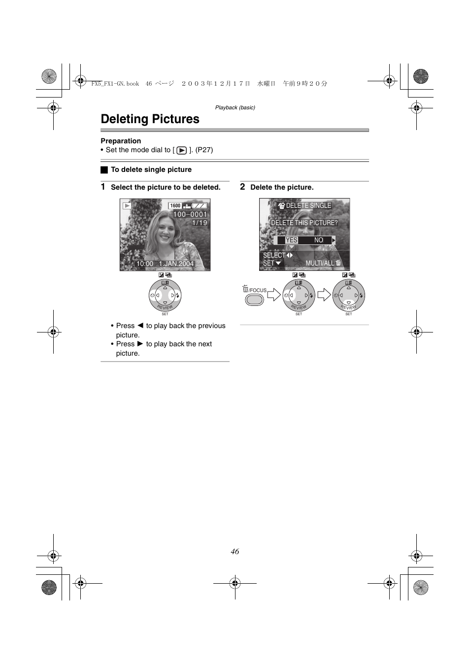 Deleting pictures | Panasonic DMC-FX1GN User Manual | Page 46 / 120