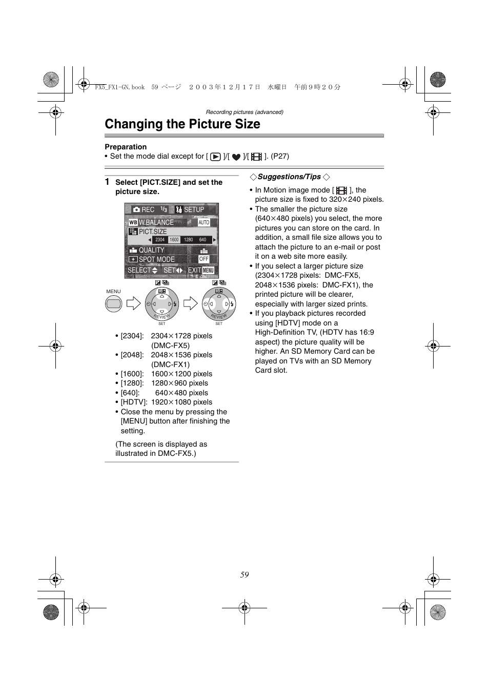 Changing the picture size | Panasonic DMC-FX1GN User Manual | Page 59 / 120