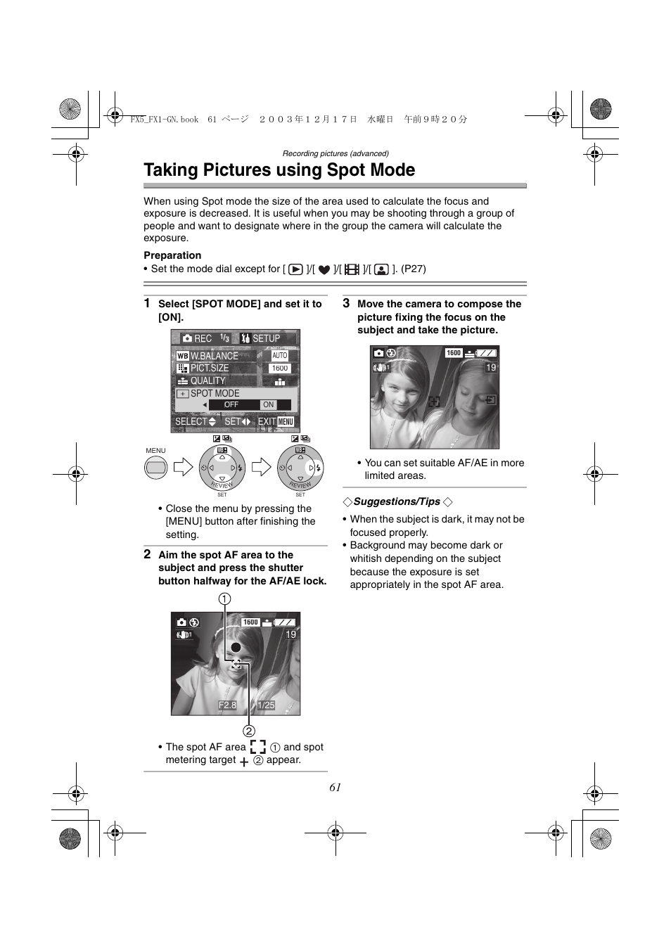 Taking pictures using spot mode | Panasonic DMC-FX1GN User Manual | Page 61 / 120