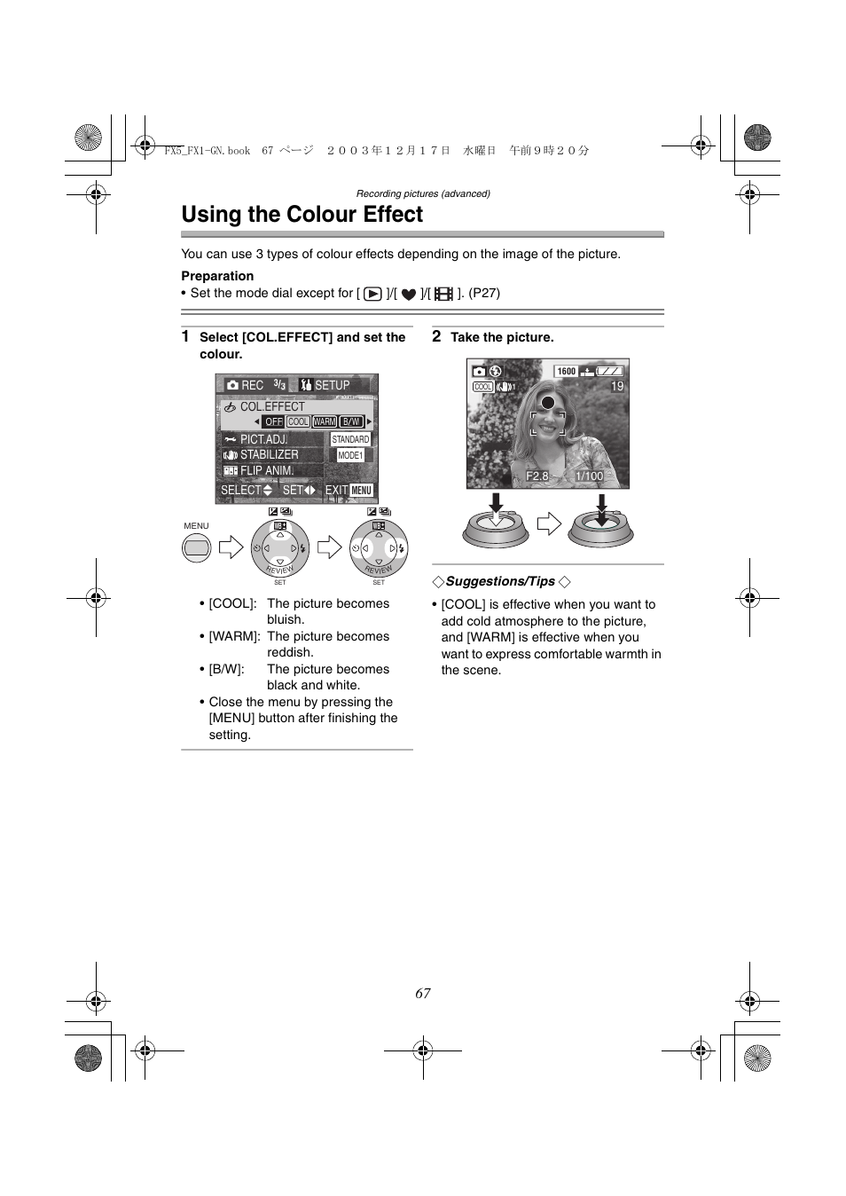 Using the colour effect | Panasonic DMC-FX1GN User Manual | Page 67 / 120