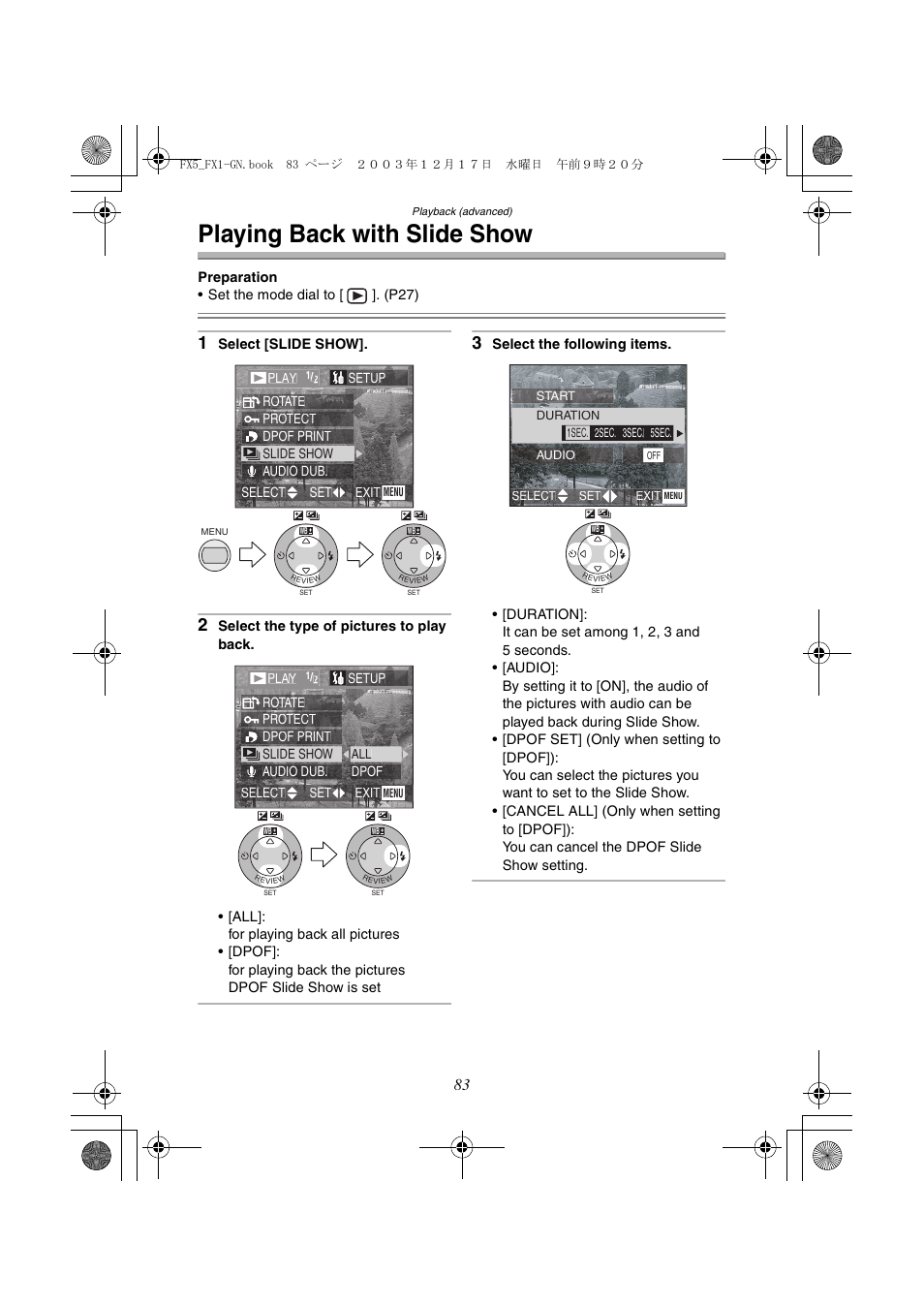 Playing back with slide show | Panasonic DMC-FX1GN User Manual | Page 83 / 120