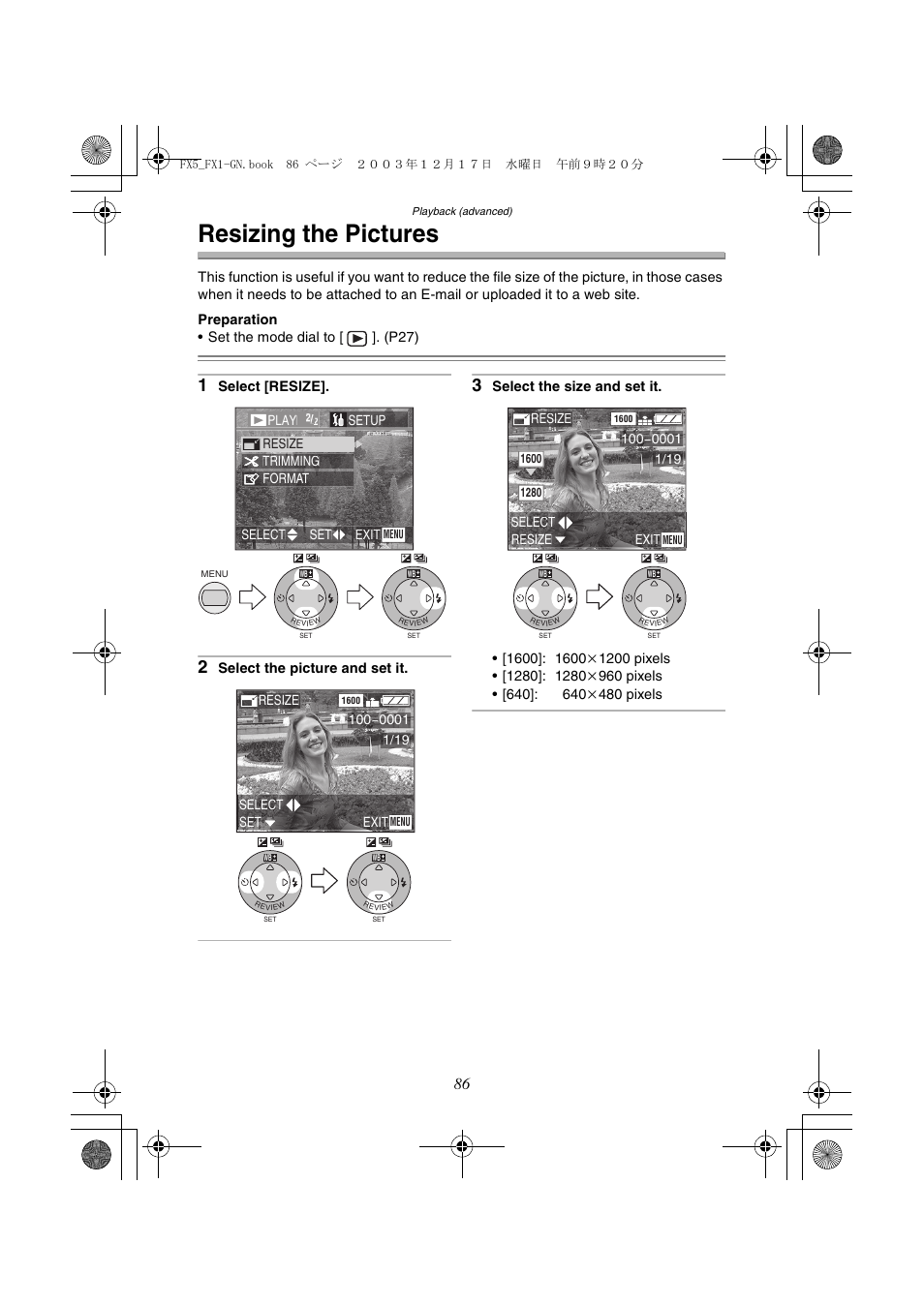 Resizing the pictures | Panasonic DMC-FX1GN User Manual | Page 86 / 120