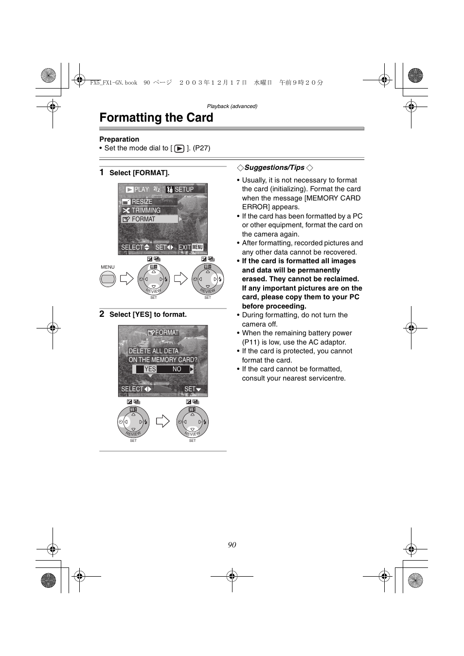 Formatting the card | Panasonic DMC-FX1GN User Manual | Page 90 / 120