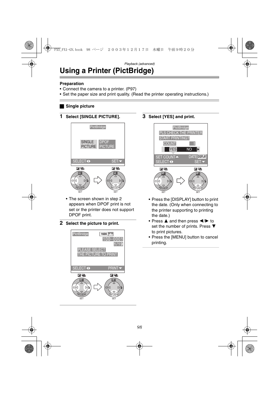 Using a printer (pictbridge) | Panasonic DMC-FX1GN User Manual | Page 98 / 120