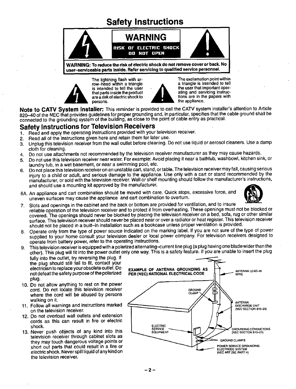Safety instructions, Warning, Safety instructions for television receivers | Safety instructions warning | Panasonic CT-35G31 User Manual | Page 2 / 36