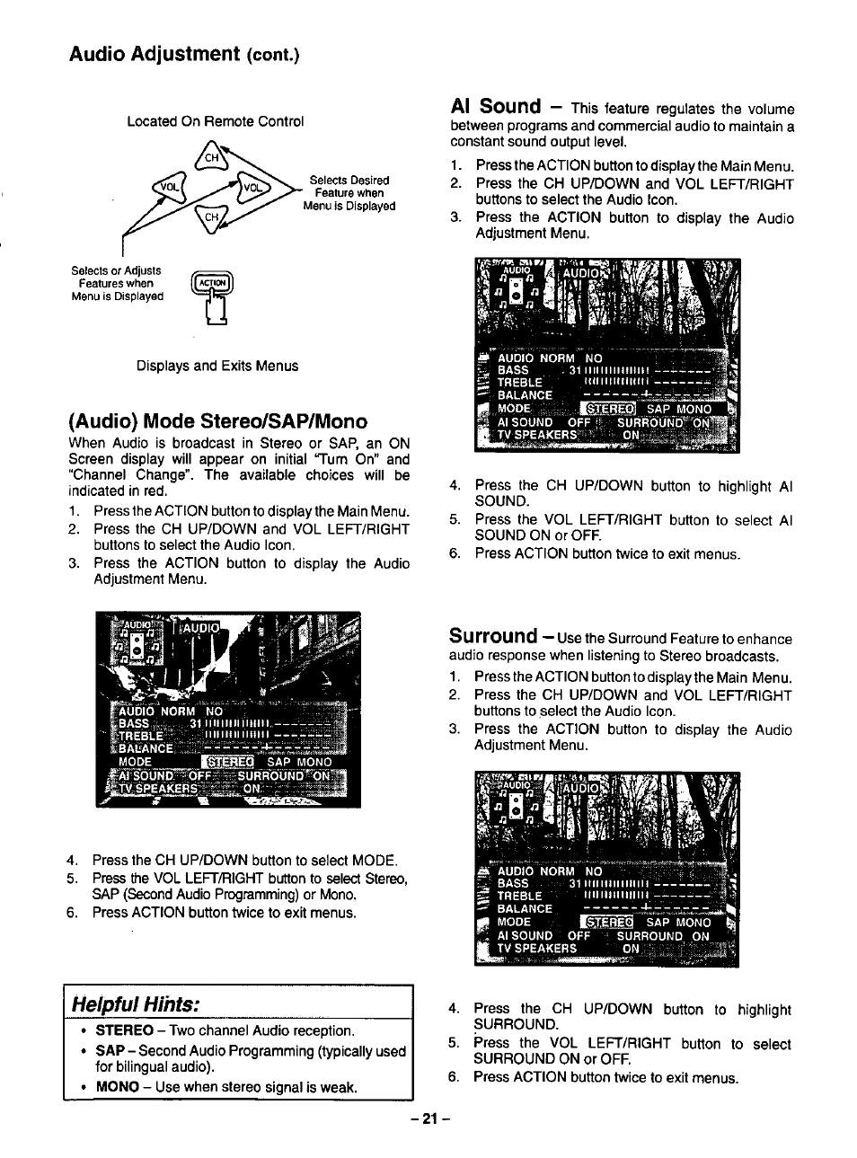 Audio) mode stereo/sap/mono, Audio mode (stereo/sap/mono), Audio adjustment | Al sound, Surround, Helpful hints | Panasonic CT-35G31 User Manual | Page 21 / 36