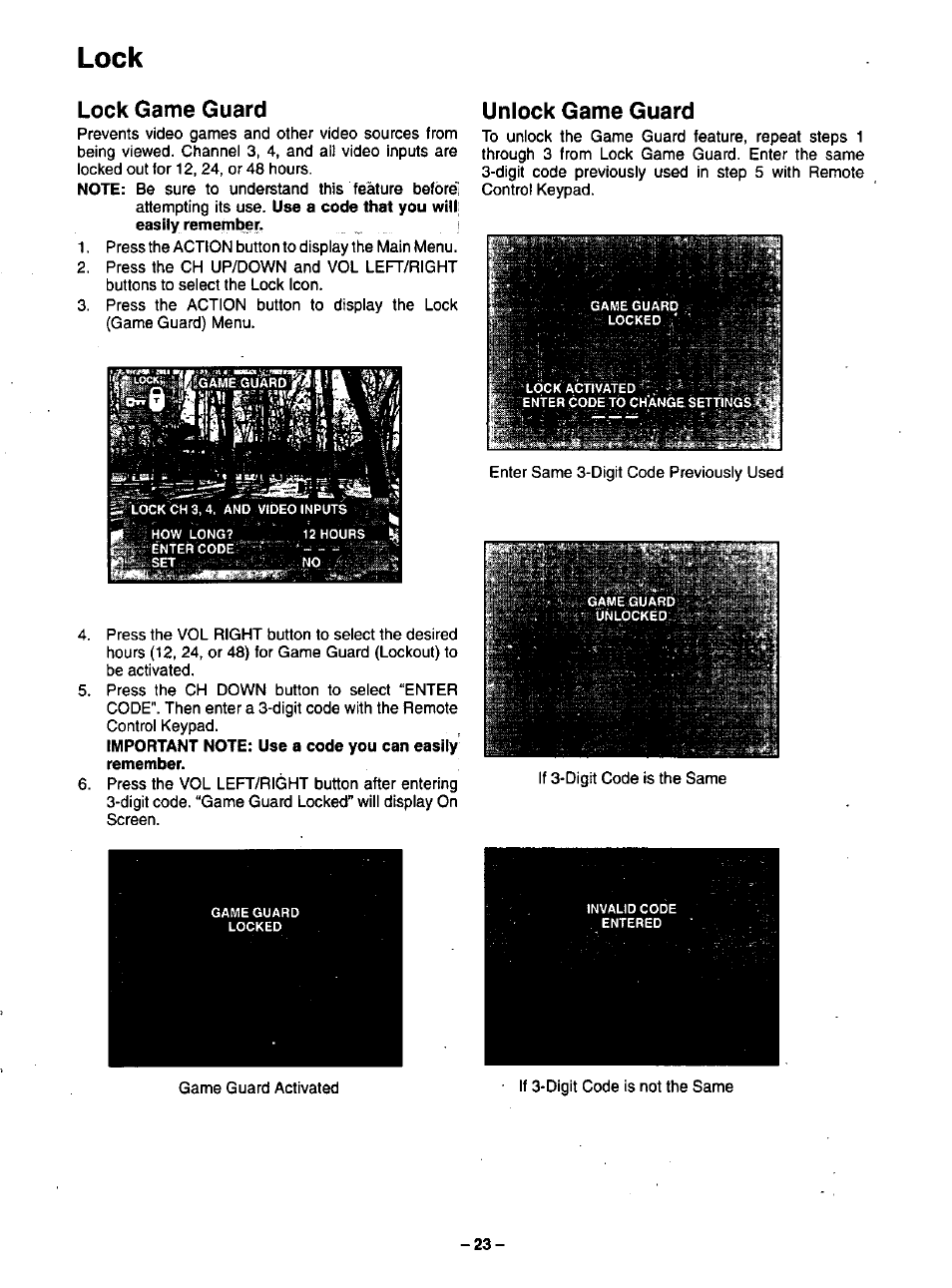 Lock, Lock game guard, Unlock game guard | Lock game guard unlock game guard | Panasonic CT-35G31 User Manual | Page 23 / 36