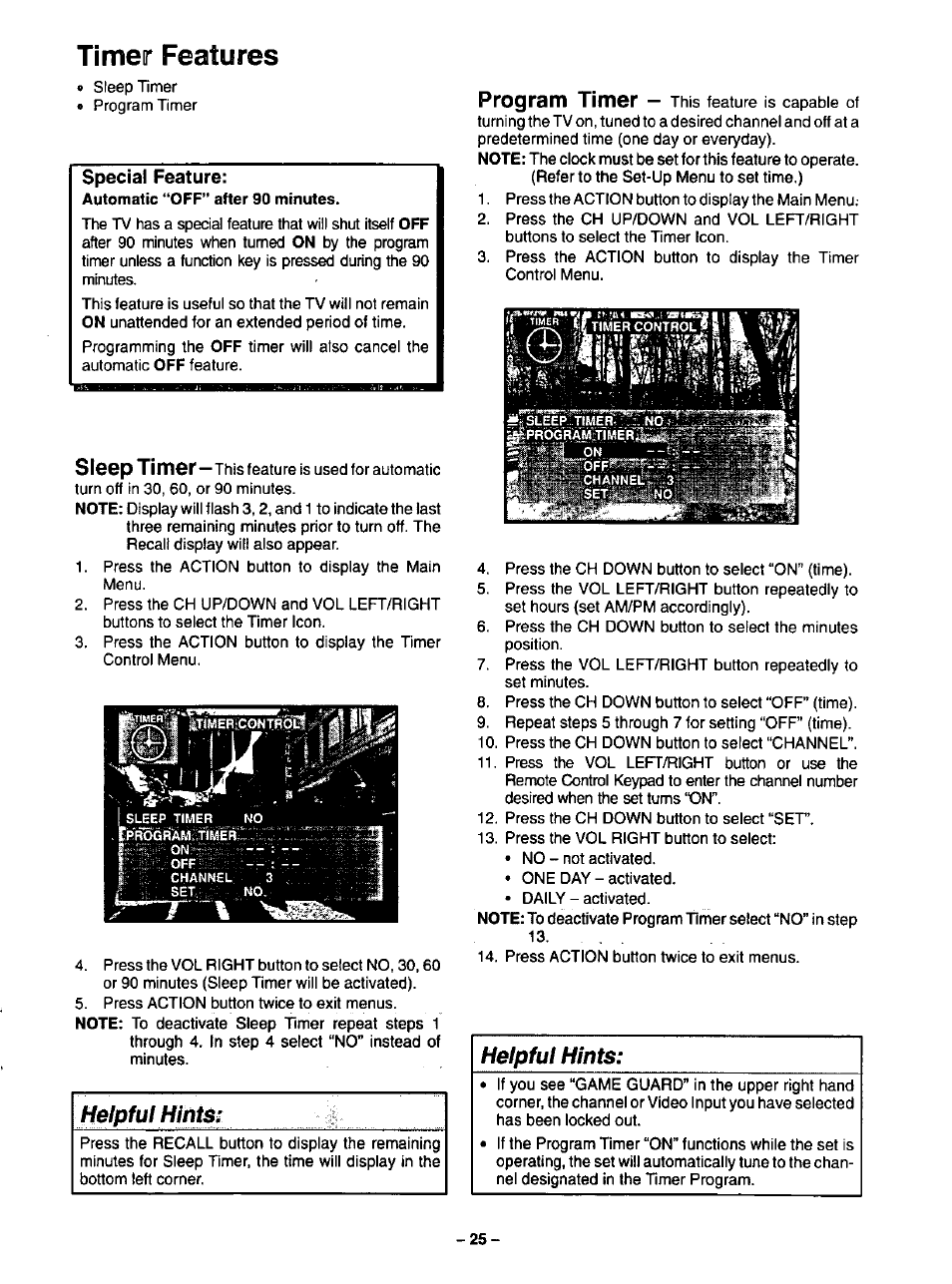 Timer features, Sleep timer, Helpful hints | Program timer | Panasonic CT-35G31 User Manual | Page 25 / 36