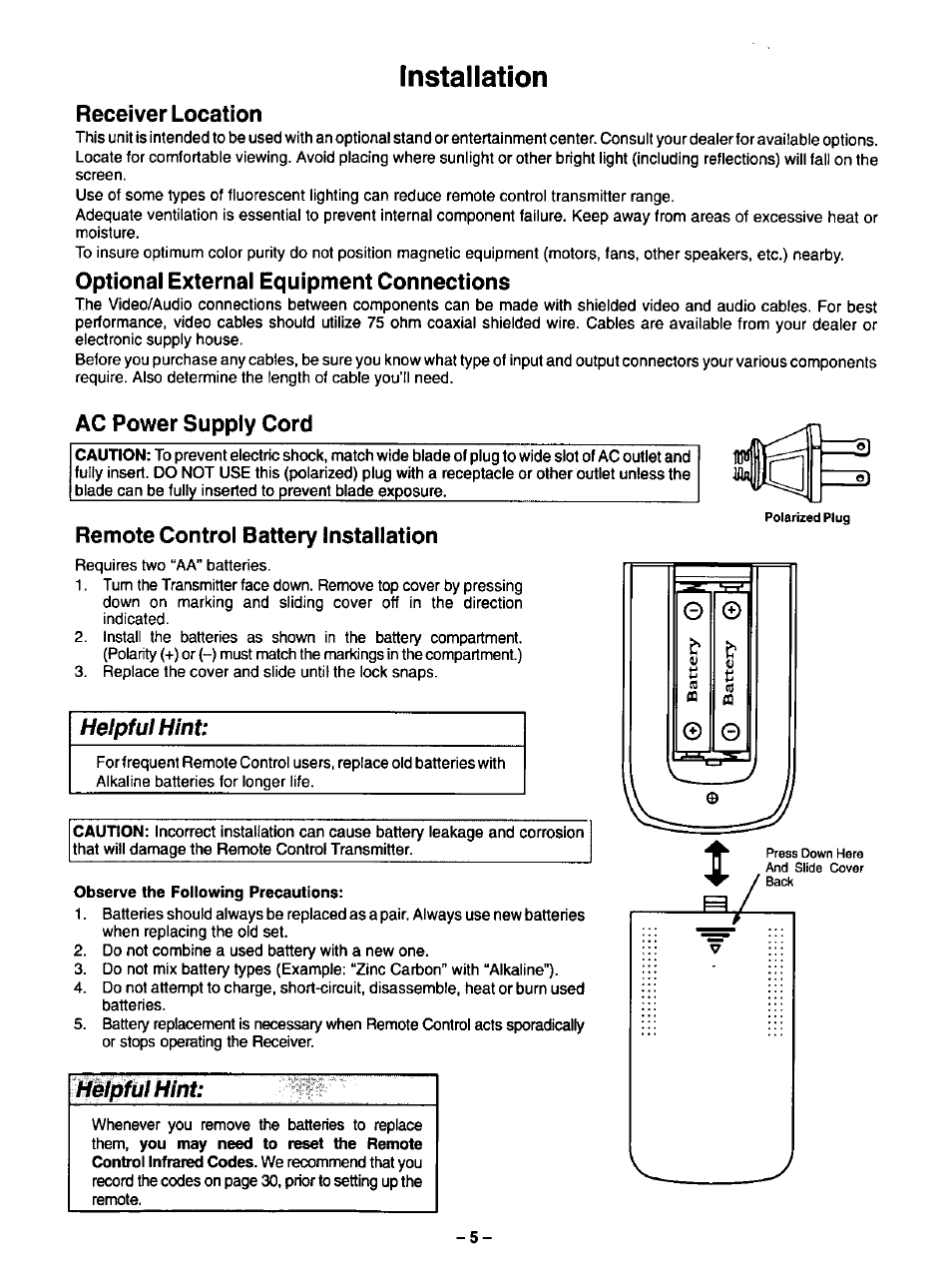 Installation, Receiver location, Optional external equipment connections | Ac power supply cord, Remote control battery installation, Observe the following precautions, Helpful hint | Panasonic CT-35G31 User Manual | Page 5 / 36