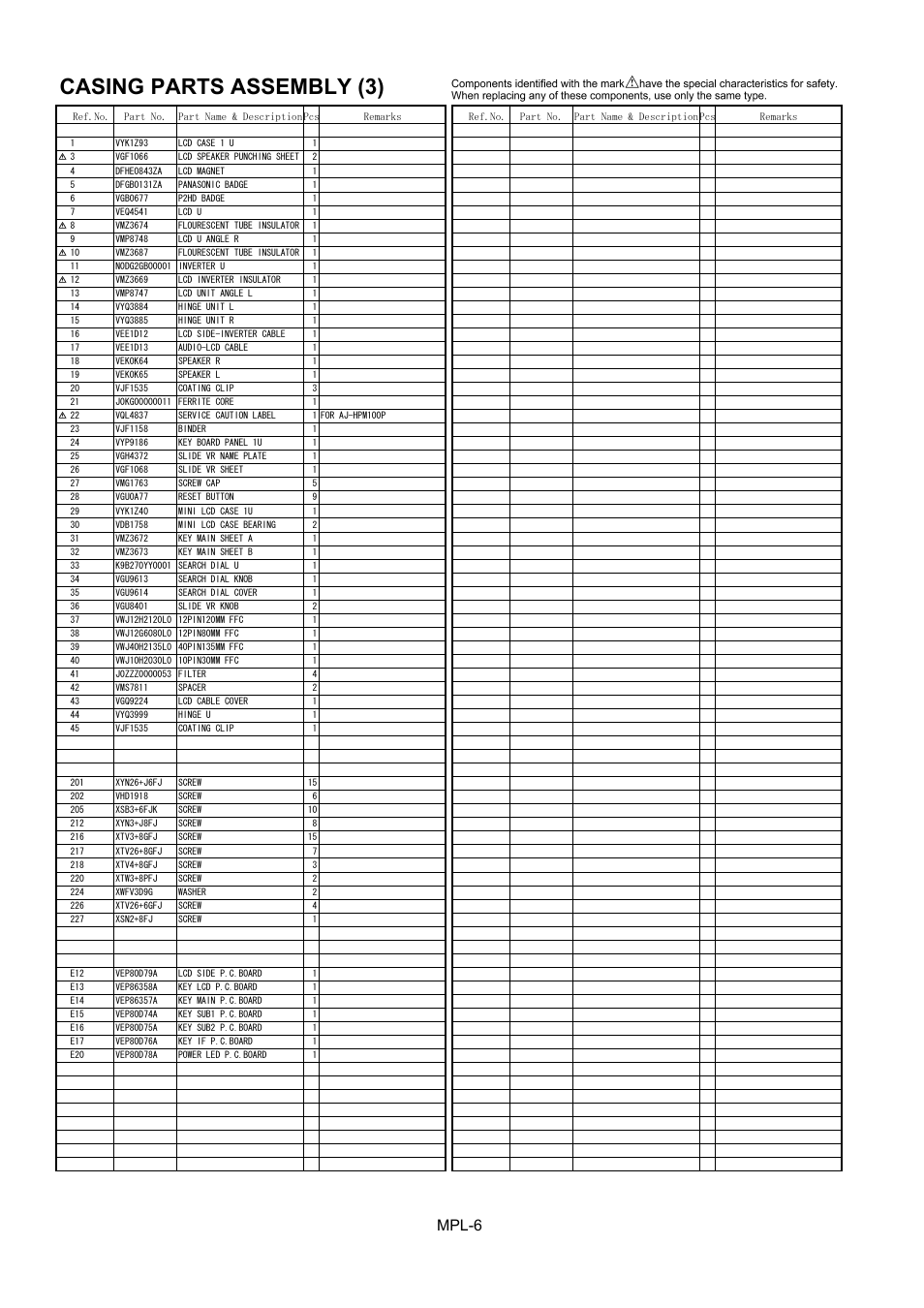 Casing parts assembly (3), Mpl-6 | Panasonic AJ-HPM100P User Manual | Page 7 / 9
