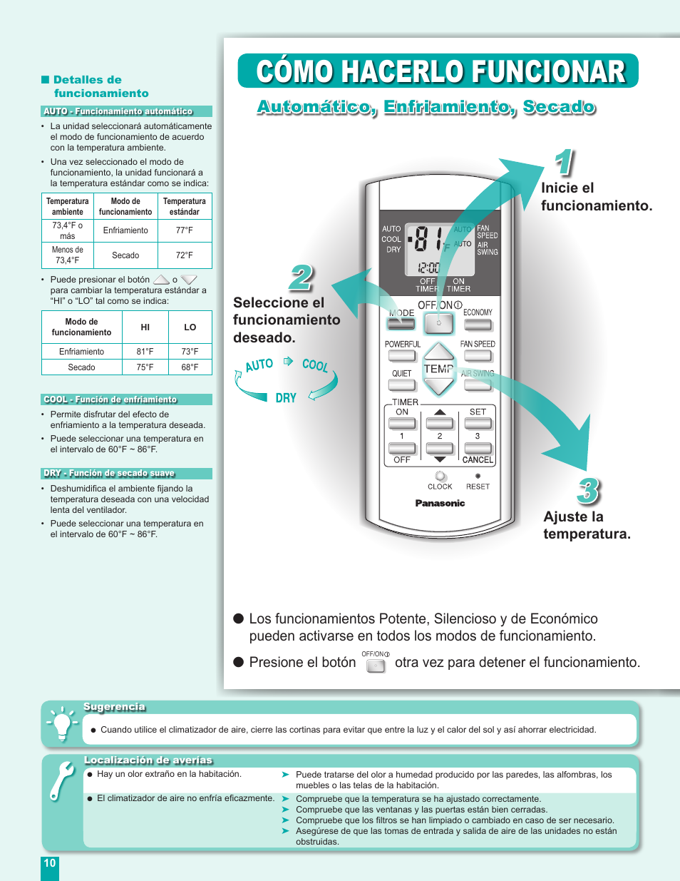 Cómo hacerlo funcionar, Automático, enfriamiento, secado, Otra vez para detener el funcionamiento | Panasonic CS-MC12DKU User Manual | Page 10 / 16