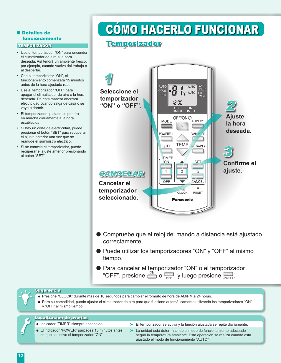 Cómo hacerlo funcionar, Temporizador, Cancelar | Panasonic CS-MC12DKU User Manual | Page 12 / 16