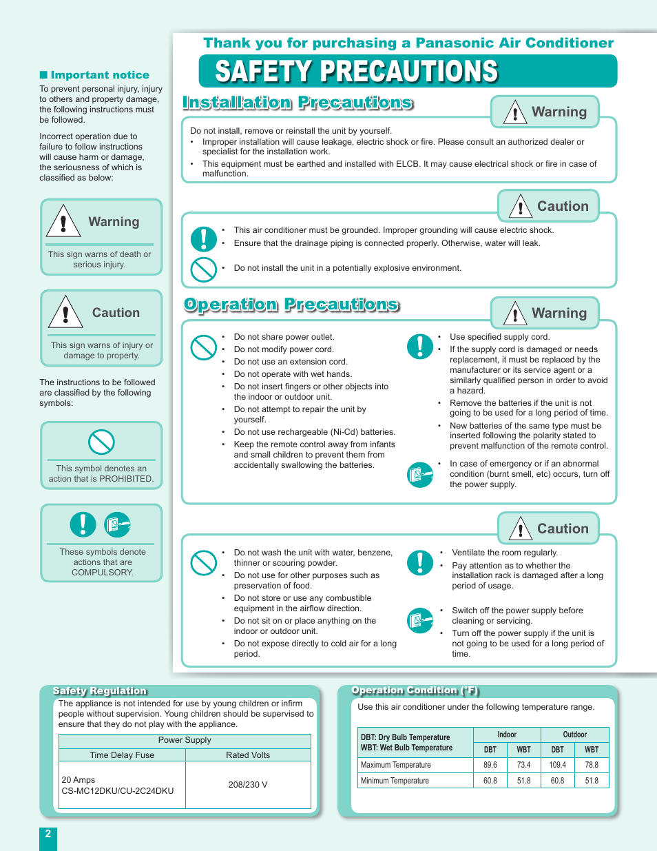 Safety precautions, Installation precautions, Operation precautions | Warning caution warning caution, Warning, Caution | Panasonic CS-MC12DKU User Manual | Page 2 / 16