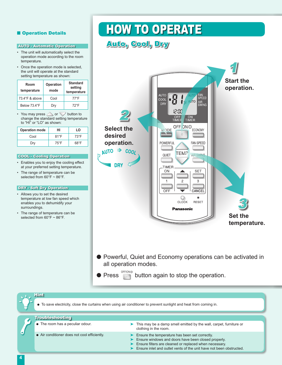 How to operate, Auto, cool, dry, Button again to stop the operation | Select the desired operation, Set the temperature. start the operation | Panasonic CS-MC12DKU User Manual | Page 4 / 16