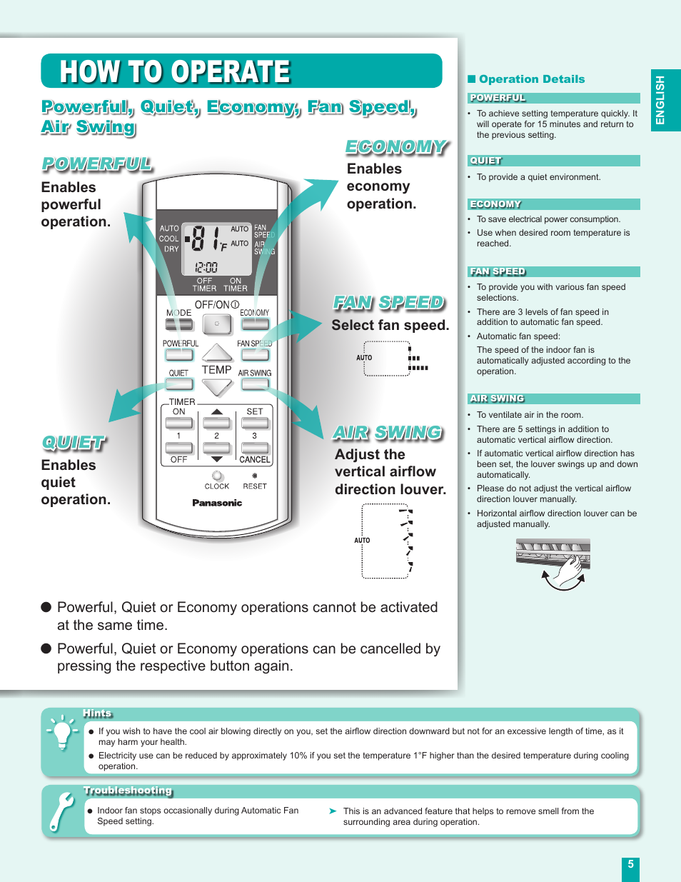 How to operate, Powerful, quiet, economy, fan speed, air swing, Economy | Powerful, Fan speed, Air swing, Quiet, Enables economy operation, Enables powerful operation, Select fan speed | Panasonic CS-MC12DKU User Manual | Page 5 / 16