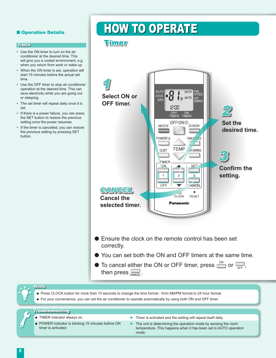 How to operate, Timer, Cancel | Panasonic CS-MC12DKU User Manual | Page 6 / 16