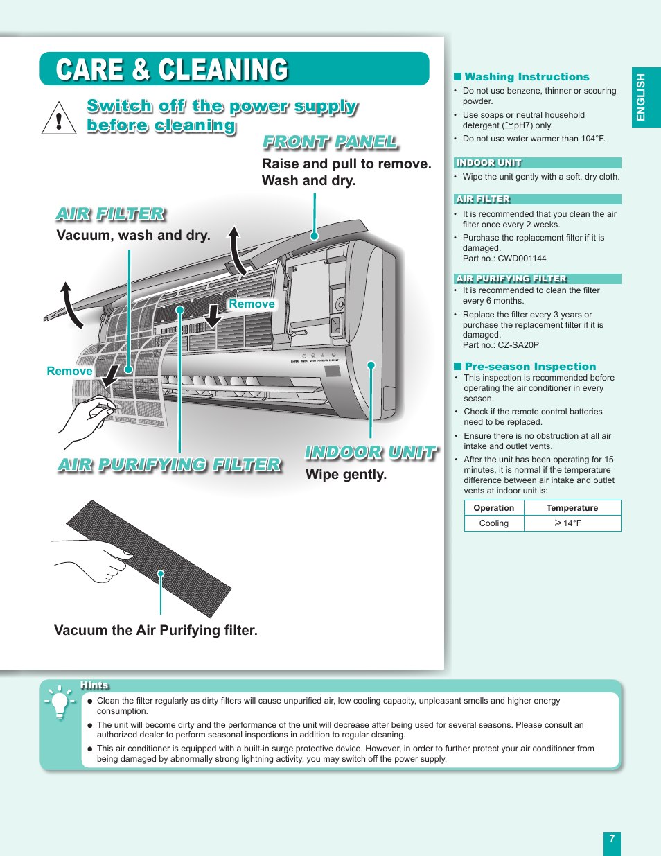 Care & cleaning, Switch off the power supply before cleaning, Air filter air purifying filter indoor unit | Front panel, Vacuum, wash and dry, Wipe gently, Raise and pull to remove. wash and dry, Vacuum the air purifying ﬁlter | Panasonic CS-MC12DKU User Manual | Page 7 / 16