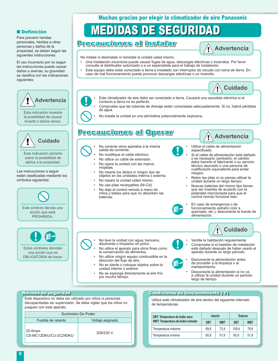 Medidas de seguridad, Precauciones al instalar, Precauciones al operar | Advertencia cuidado advertencia, Cuidado, Advertencia | Panasonic CS-MC12DKU User Manual | Page 8 / 16