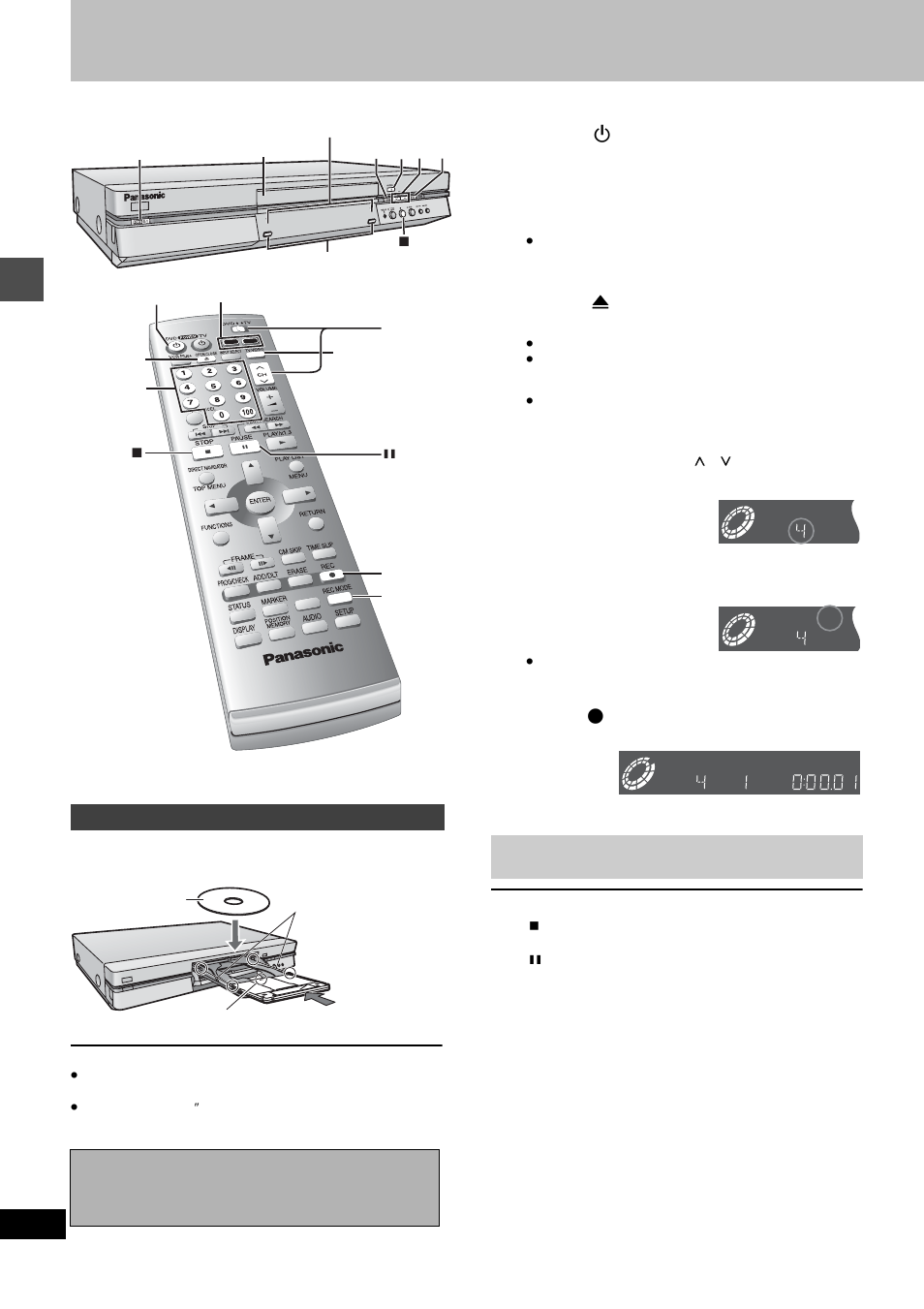 Recording, Recording television programs, Press [ í , dvd power] to turn the unit on | Press [hdd] or [dvd] to select the recording drive, Press [ ¥ , rec] to start recording, Inserting discs | Panasonic DMR-E80H User Manual | Page 14 / 64