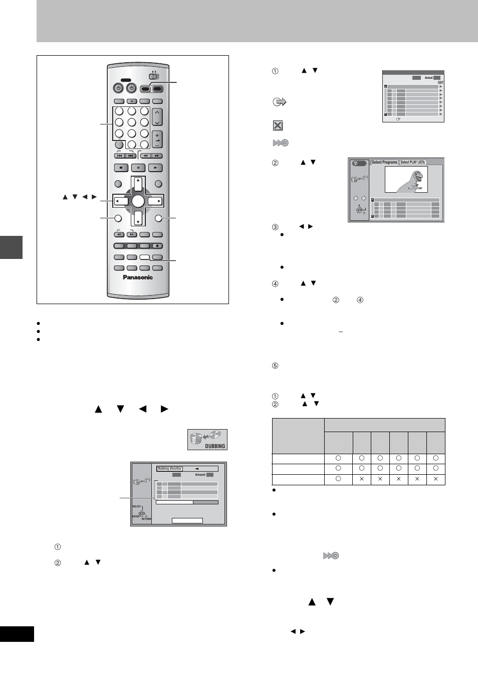 Dubbing, Dubbing programs or play list, Press [functions | Select the dubbing direction, Select items for dubbing, Select the recording mode | Panasonic DMR-E80H User Manual | Page 28 / 64