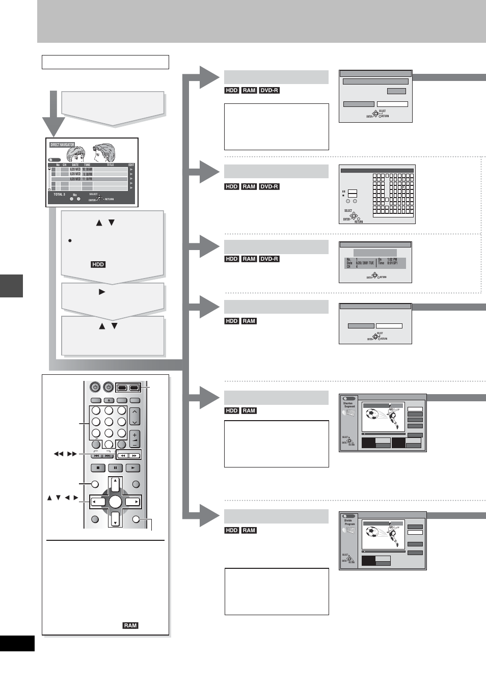 Editing programs, Erase program enter title properties, Protection | Divide program, Edit ing, E.g., dvd-ram, Entering text, Page 38, E.g., dvd-ram e.g., dvd-ram, Press [direct navigator | Panasonic DMR-E80H User Manual | Page 34 / 64