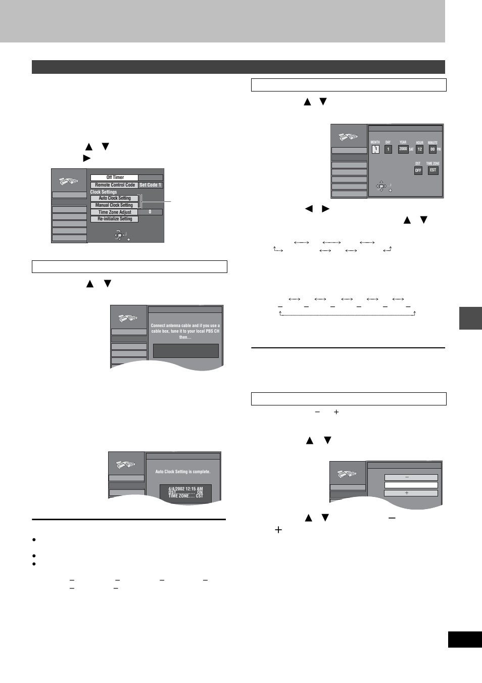 Press [setup] to show the menus, Press [ 3 , 4 ] to select “set up” and press [ 1, Press [enter | Clock settings | Panasonic DMR-E80H User Manual | Page 47 / 64