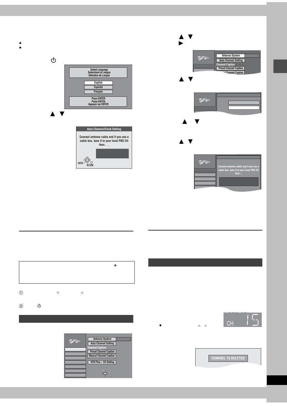 Press [ í , dvd power] to turn the unit on, Press [enter, Press [enter] to complete plug-in auto tuning | Press [setup] to show the menus, Press [ 3 , 4 ] to select “channel” and press [ 1, Press the numbered buttons to select a channel, Press [add/dlt, If plug-in auto tuning fails, Adding and deleting channels | Panasonic DMR-E80H User Manual | Page 7 / 64