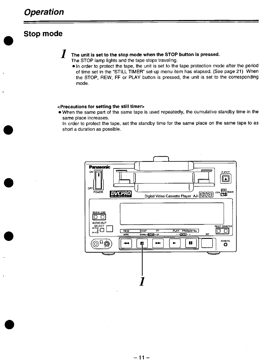 Precautions for setting the stiii timer, Operation, Stop mode | Panasonic DVCPRO AJ-D220 P User Manual | Page 11 / 28