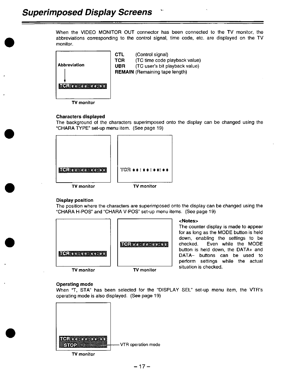 Characters displayed, Display position, Notes | Operating mode, Superimposed display screens | Panasonic DVCPRO AJ-D220 P User Manual | Page 17 / 28