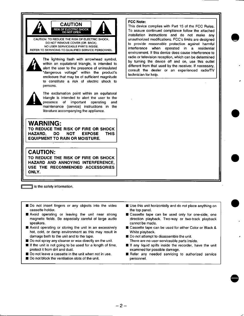 Caution, Warning | Panasonic DVCPRO AJ-D220 P User Manual | Page 2 / 28