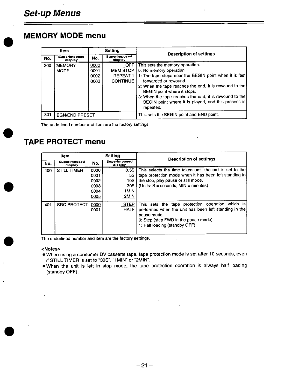 Set-up menus, Tape protect menu | Panasonic DVCPRO AJ-D220 P User Manual | Page 21 / 28