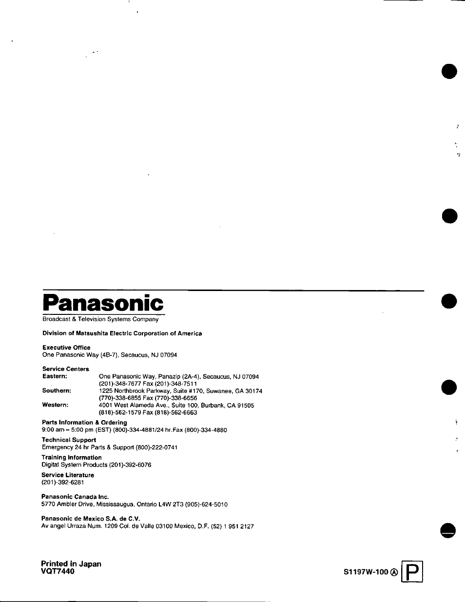 Printed in japan vqt7440, Panasonic | Panasonic DVCPRO AJ-D220 P User Manual | Page 28 / 28