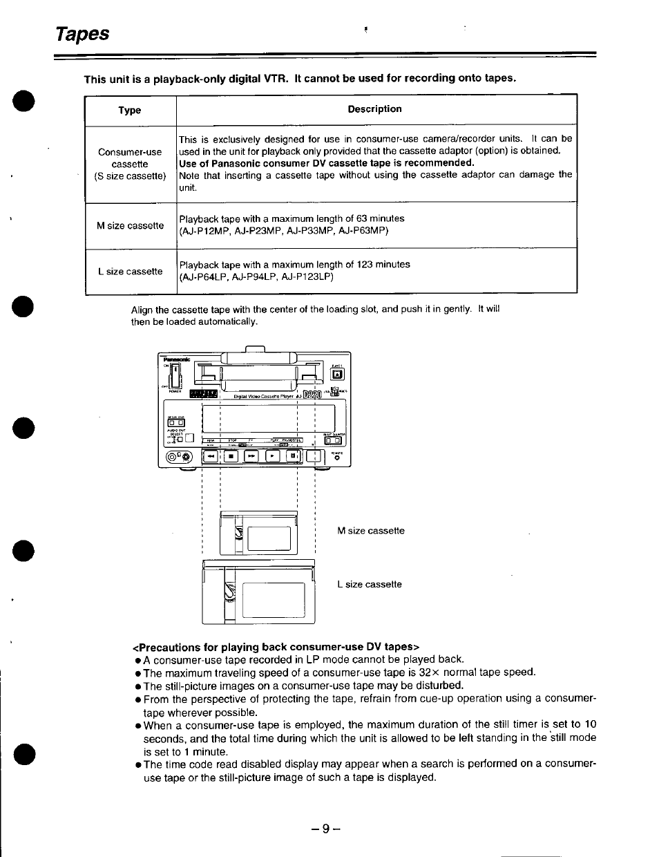 Precautions for playing back consumer-use dv tapes, Tapes | Panasonic DVCPRO AJ-D220 P User Manual | Page 9 / 28