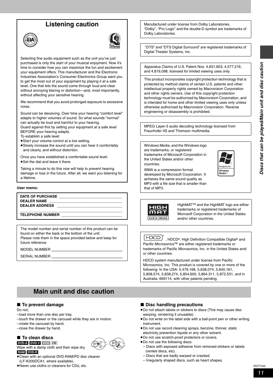 Main unit and disc caution, Listening caution | Panasonic SC-HT692 User Manual | Page 11 / 36