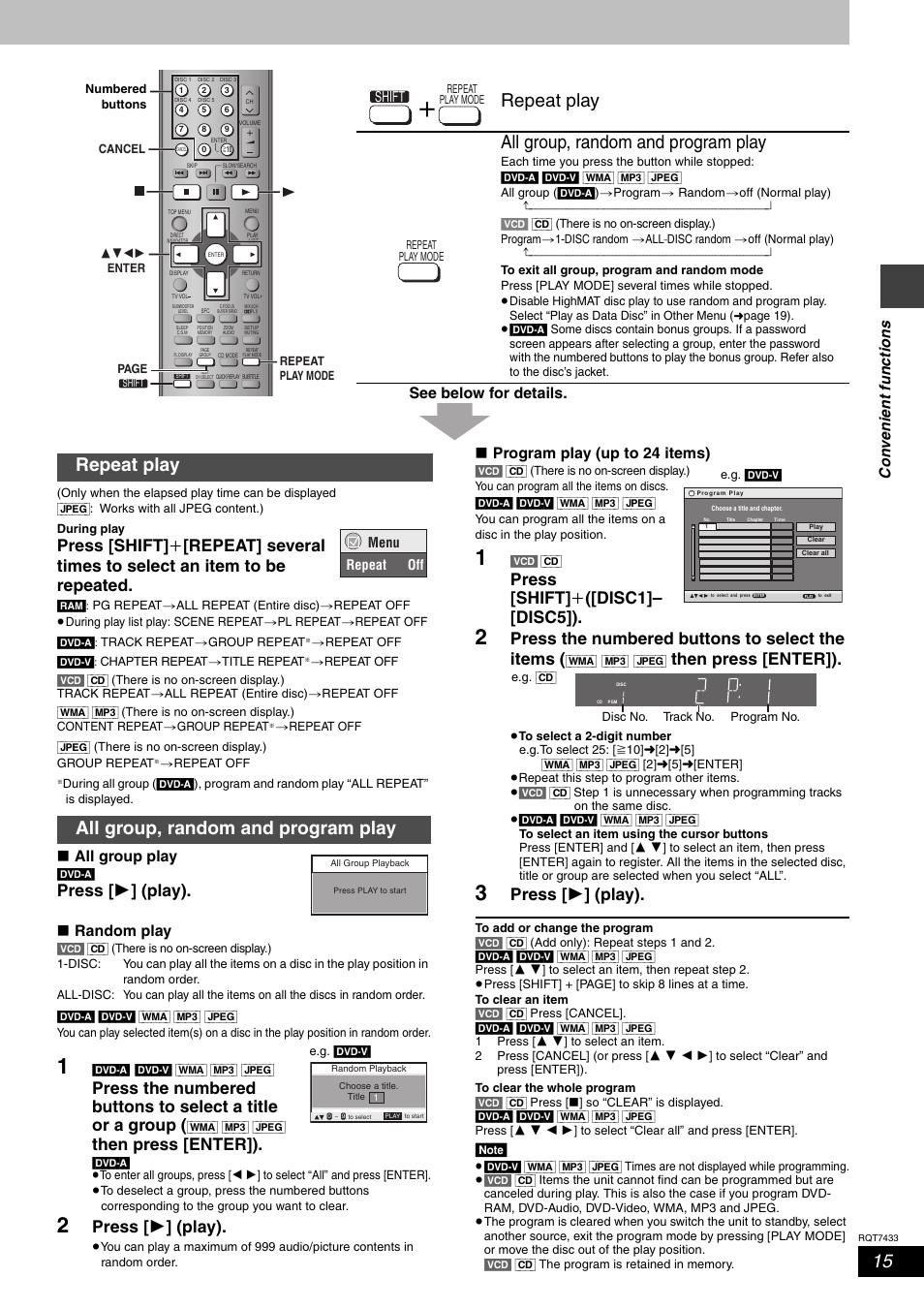 Repeat play all group, random and program play, Press [ 1 ] (play), Then press [enter]) | Press [shift] i ([disc1]– [disc5]), Press the numbered buttons to select the items, Co n ven ie nt f unct ions see below for details, All group play, Random play, Program play (up to 24 items), Shift | Panasonic SC-HT692 User Manual | Page 15 / 36