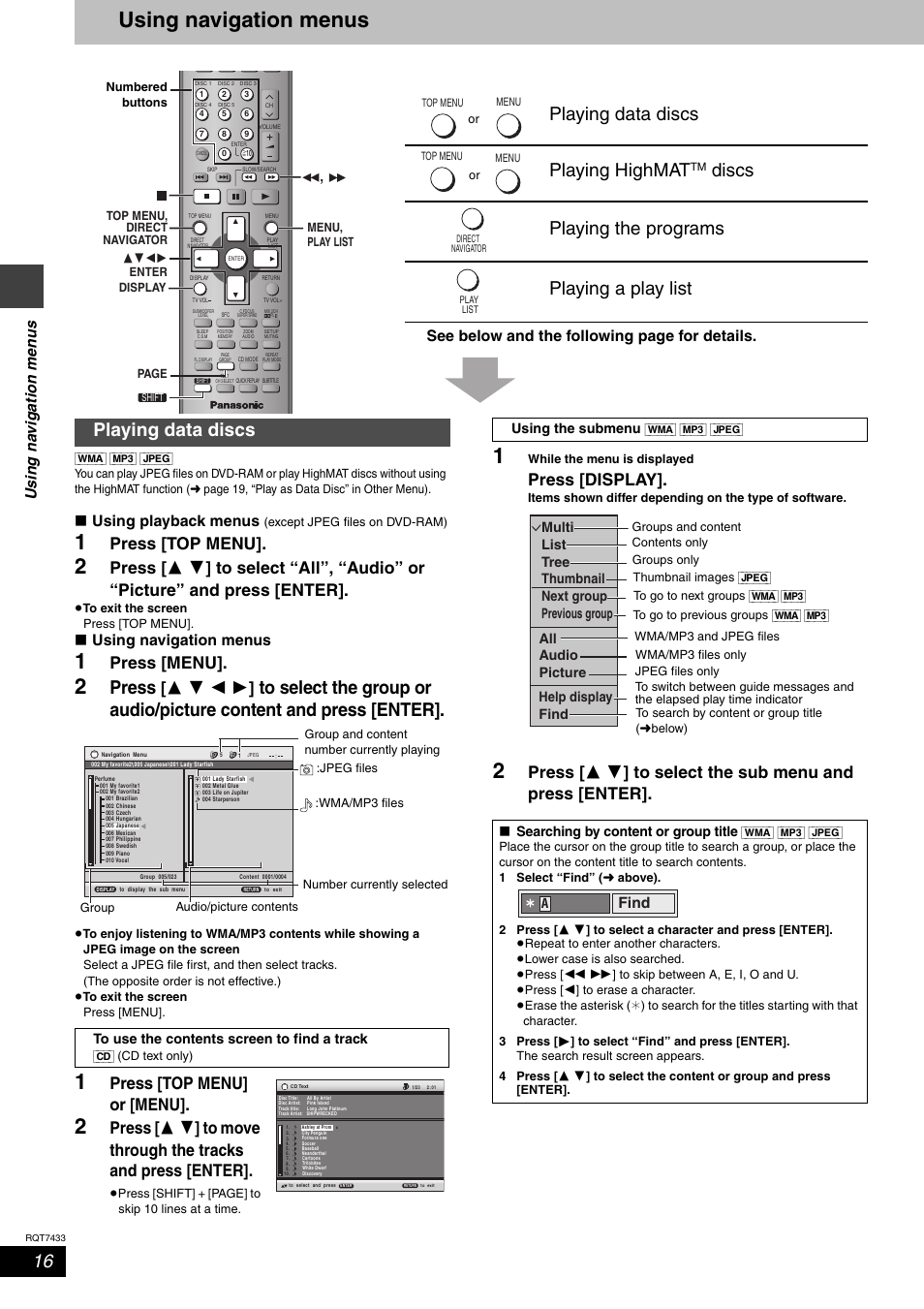 Using navigation menus, Press, Playing data discs playing highmat | Discs playing the programs playing a play list, Playing data discs, Press [top menu, Press [menu, Press [top menu] or [menu, Press [display, Us in g na vigat ion men u s | Panasonic SC-HT692 User Manual | Page 16 / 36