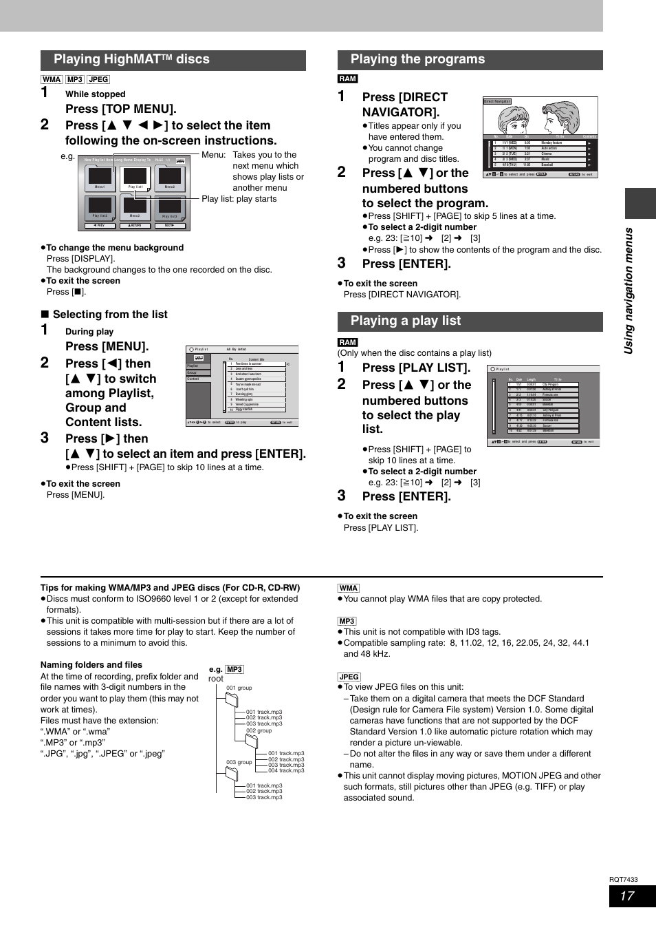 Playing highmat, Discs, Playing the programs playing a play list | Press [top menu, Press [menu, Press [direct navigator, Press [enter, Press [play list, Us in g na vigat ion men u s, Selecting from the list | Panasonic SC-HT692 User Manual | Page 17 / 36