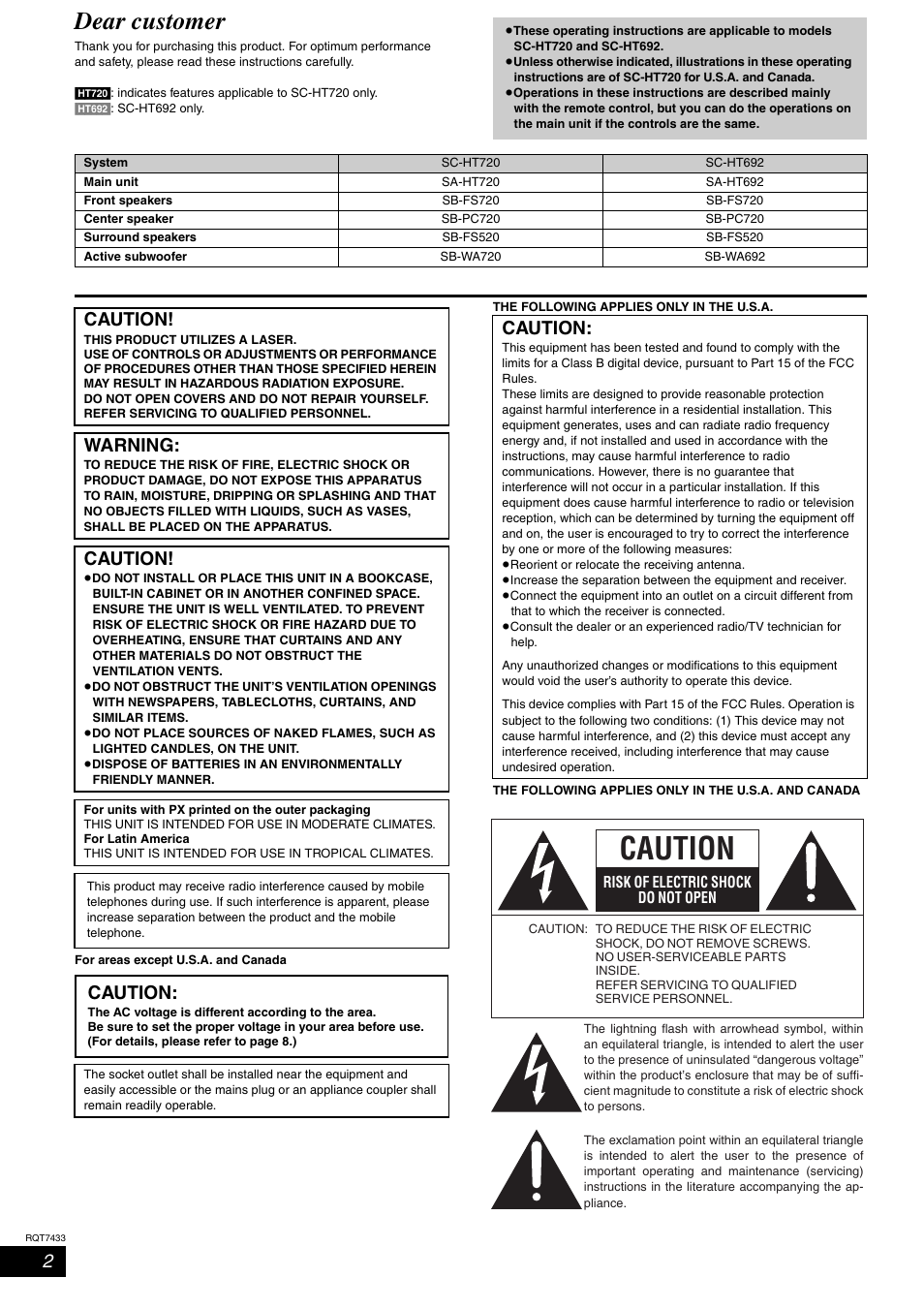 Dear customer, Caution, Warning | Panasonic SC-HT692 User Manual | Page 2 / 36