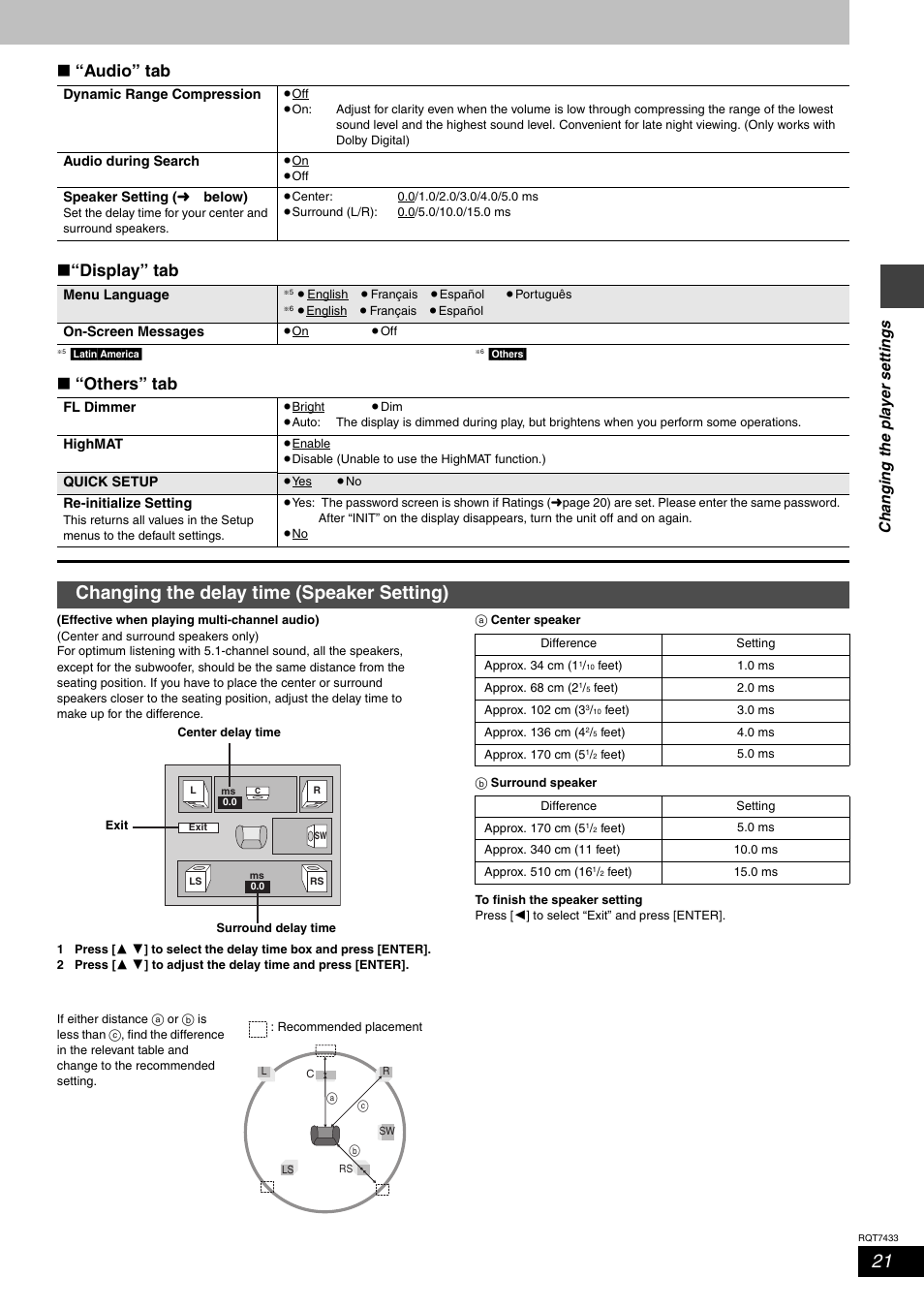 Changing the delay time (speaker setting), Audio” tab ∫ “display” tab, Others” tab | Panasonic SC-HT692 User Manual | Page 21 / 36