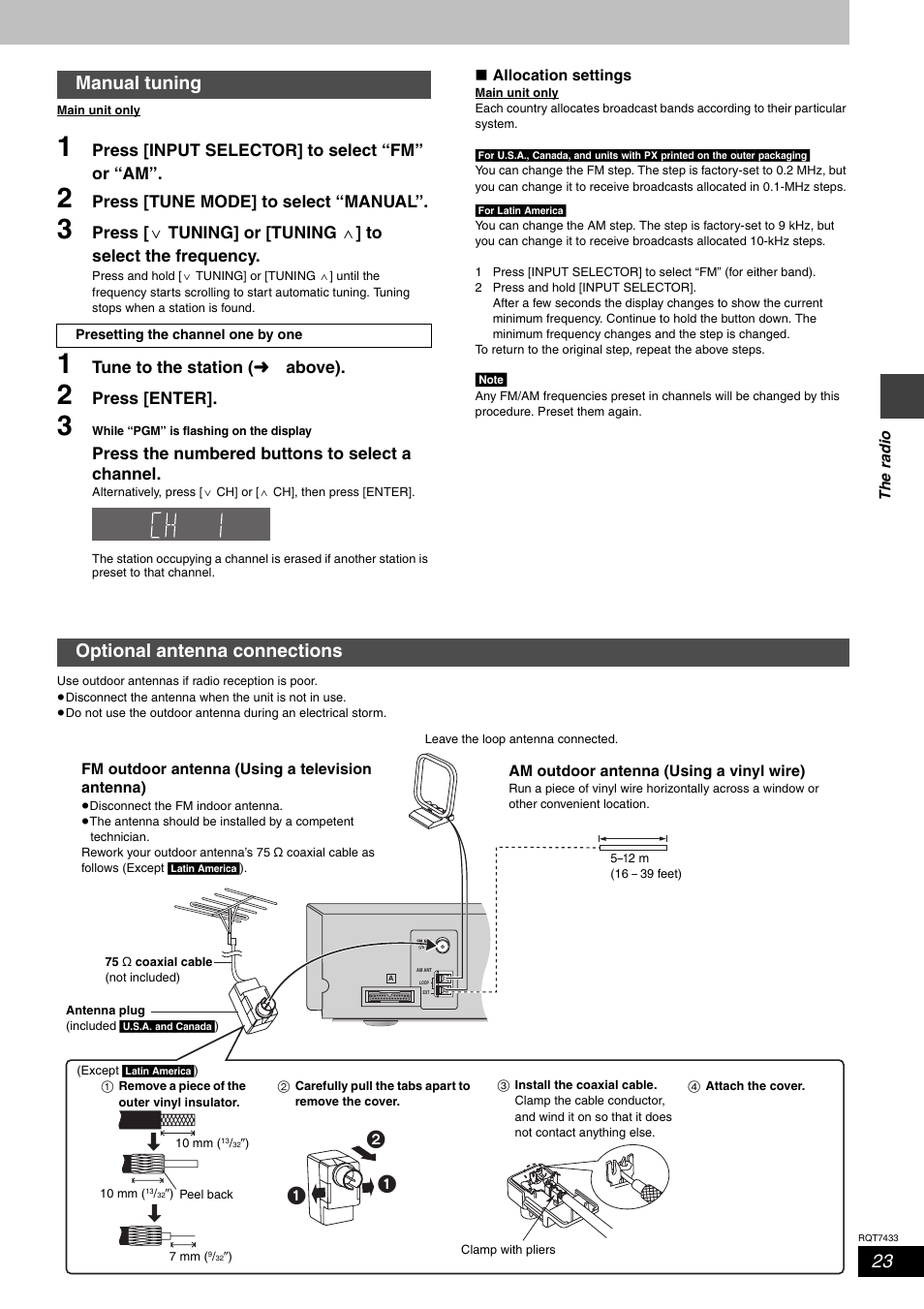 Manual tuning, Optional antenna connections, Press [input selector] to select “fm” or “am | Press [tune mode] to select “manual, Tune to the station ( ‹ above), Press [enter, Press the numbered buttons to select a channel | Panasonic SC-HT692 User Manual | Page 23 / 36