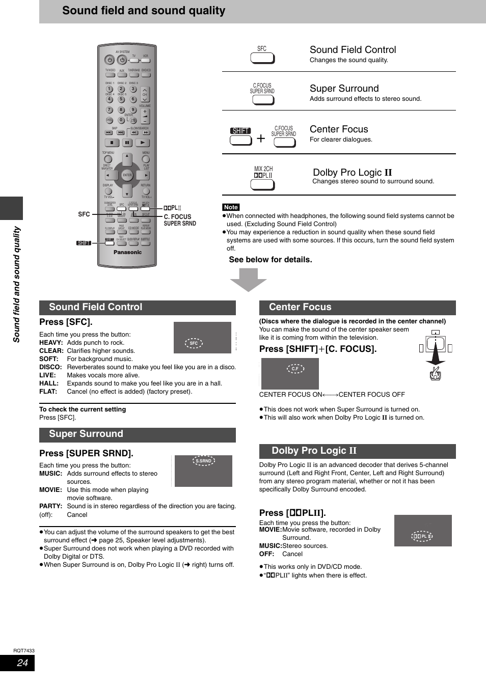 Sound field and sound quality, Sound field control, Super surround | Center focus, Dolby pro logic ii, Sound field control super surround, Center focus dolby pro logic ii, Press [sfc, Press [super srnd, Press [shift] i [c. focus | Panasonic SC-HT692 User Manual | Page 24 / 36