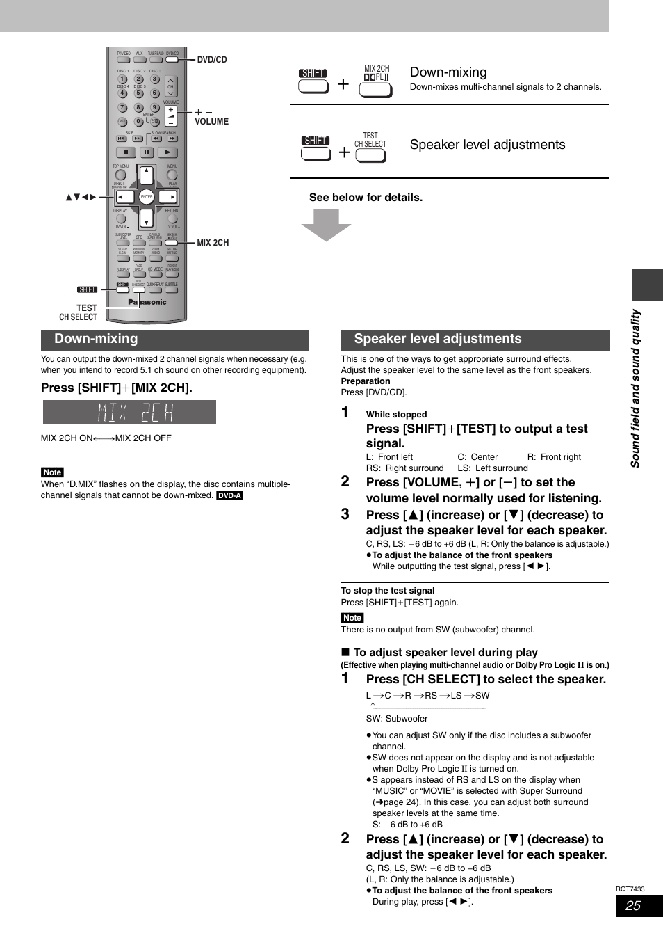 Down-mixing, Speaker level adjustments, Press [shift] i [mix 2ch | Press [shift] i [test] to output a test signal, Press [ch select] to select the speaker, Shift | Panasonic SC-HT692 User Manual | Page 25 / 36