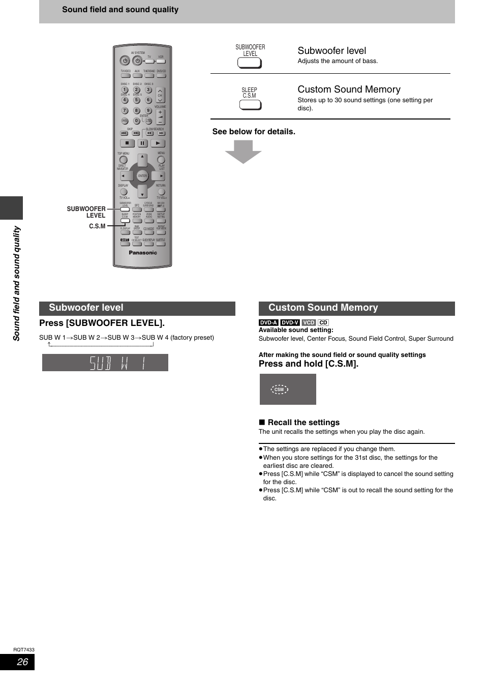 Subwoofer level, Press [subwoofer level, Press and hold [c.s.m | Recall the settings, Adjusts the amount of bass, Subwoofer level c.s.m, Sleep c.s.m | Panasonic SC-HT692 User Manual | Page 26 / 36