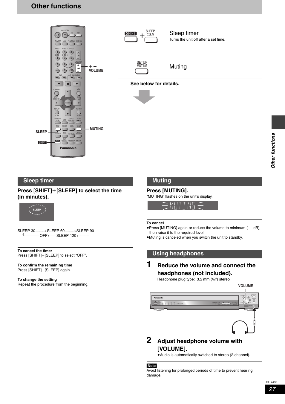 Other functions, Adjust headphone volume with [volume, Sleep timer | Muting, Muting using headphones, Press [muting, Ot her f unc tions, Shift, See below for details, Headphone plug type: 3.5 mm | Panasonic SC-HT692 User Manual | Page 27 / 36