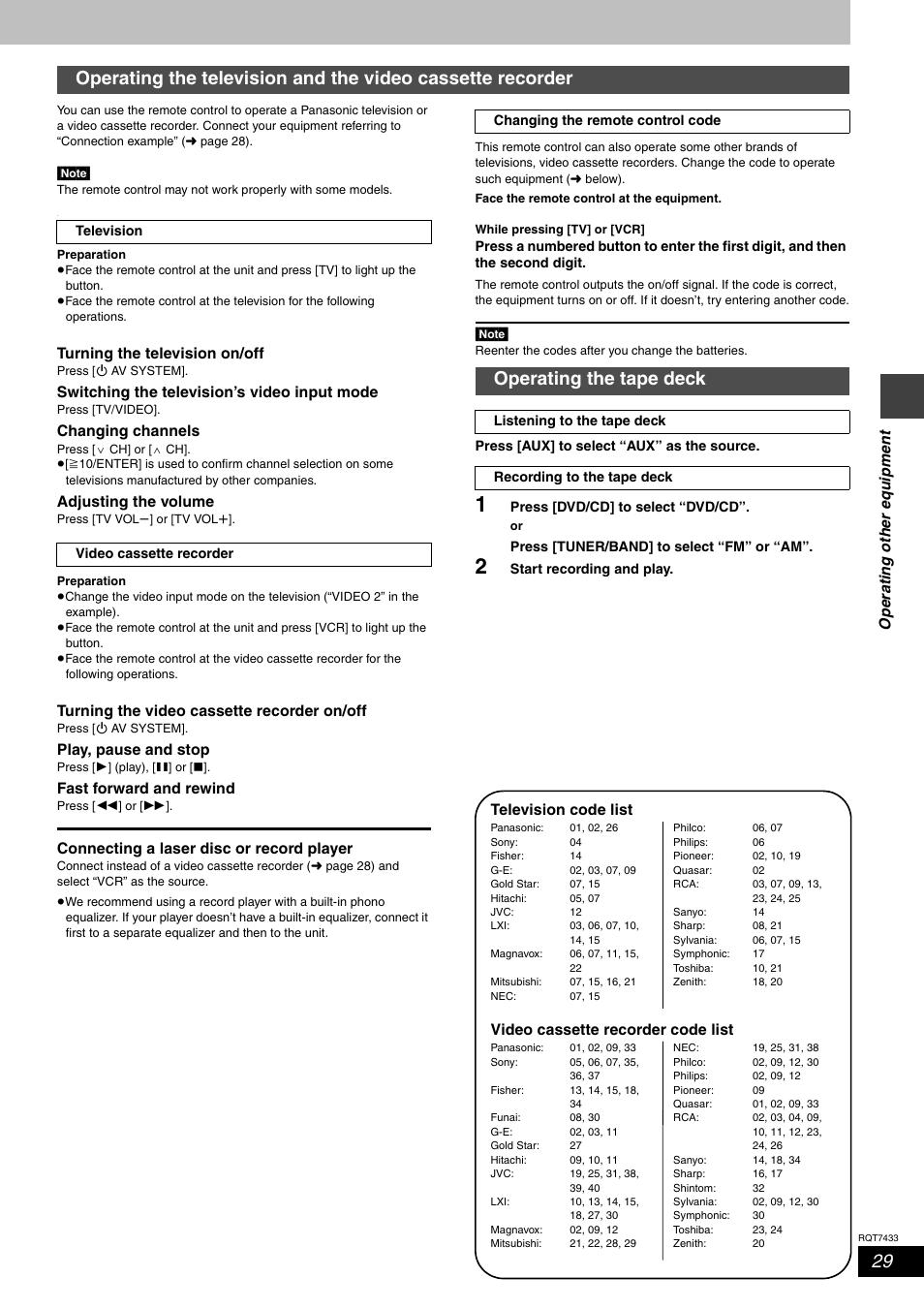 Operating the tape deck | Panasonic SC-HT692 User Manual | Page 29 / 36
