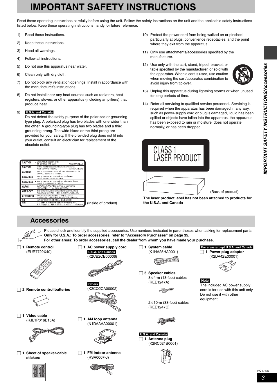 Getting started, Important safety instructions, Accessories | Panasonic SC-HT692 User Manual | Page 3 / 36