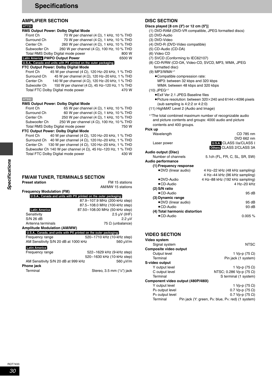 Reference, Specifications | Panasonic SC-HT692 User Manual | Page 30 / 36