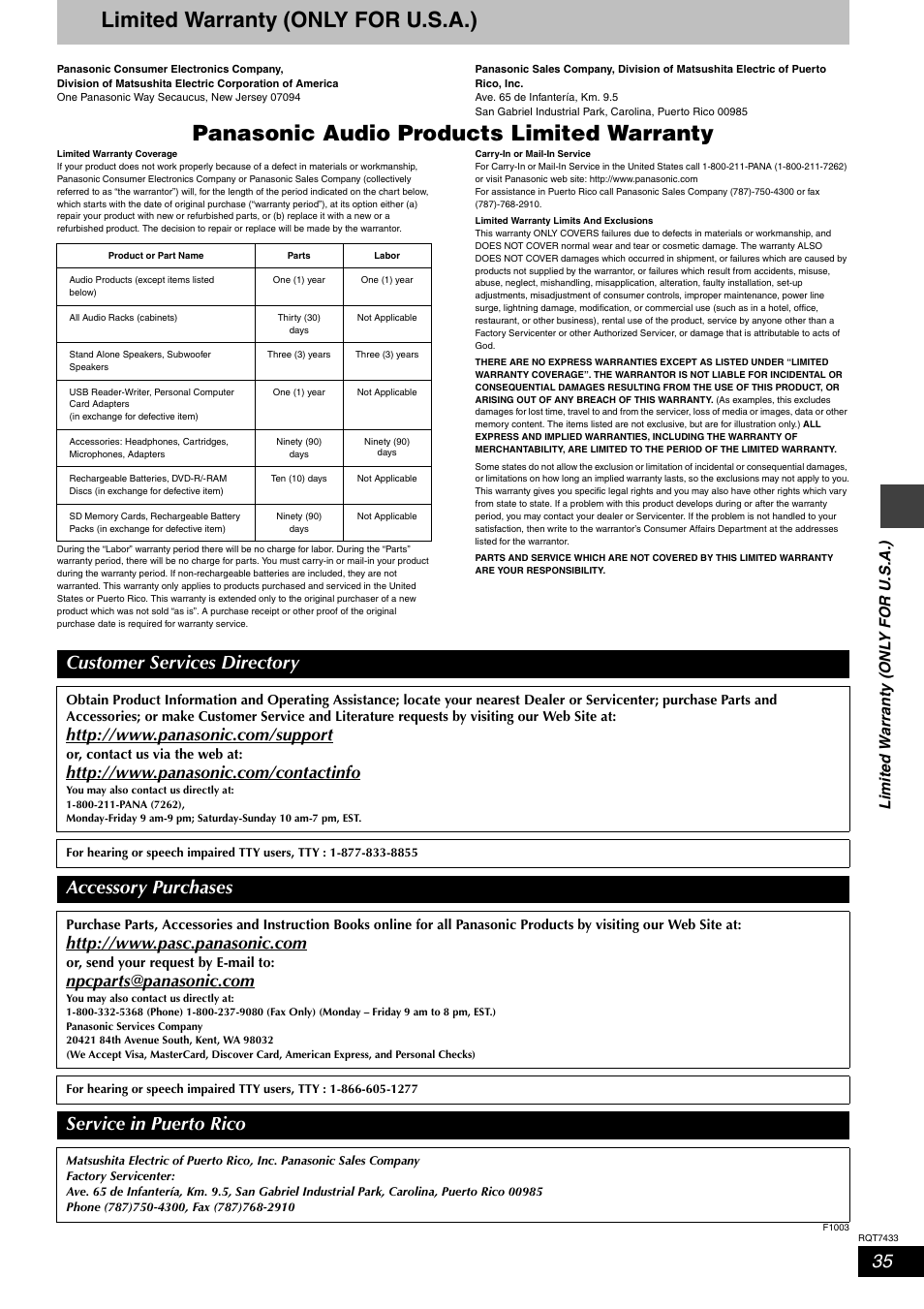 Limited warranty (only for u.s.a.), Panasonic audio products limited warranty, Customer services directory | Accessory purchases, Service in puerto rico | Panasonic SC-HT692 User Manual | Page 35 / 36