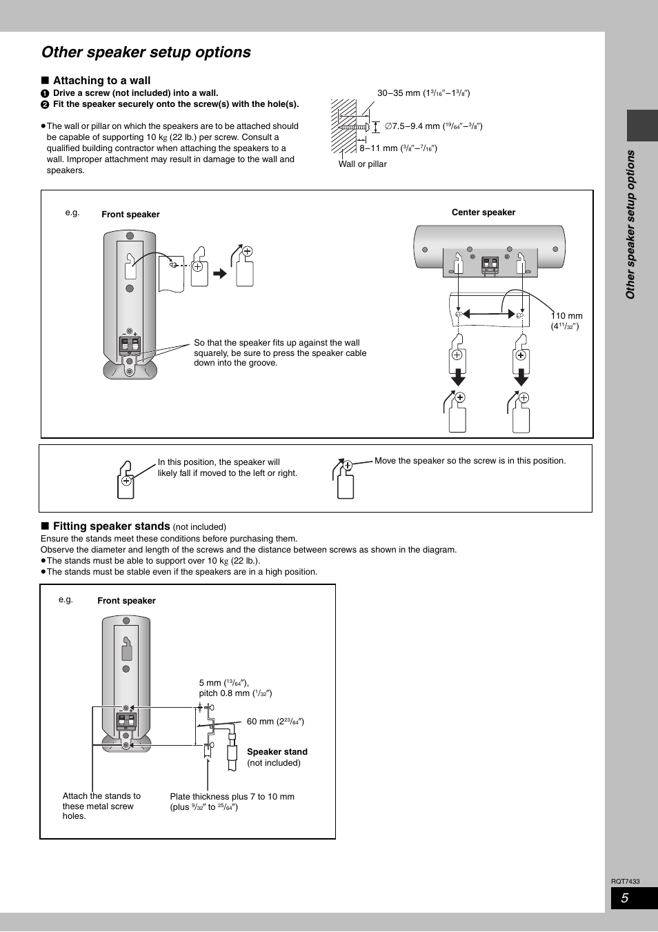 Other speaker setup options, Ot her s p ea ker s e tup opt io ns, Attaching to a wall | Fitting speaker stands | Panasonic SC-HT692 User Manual | Page 5 / 36