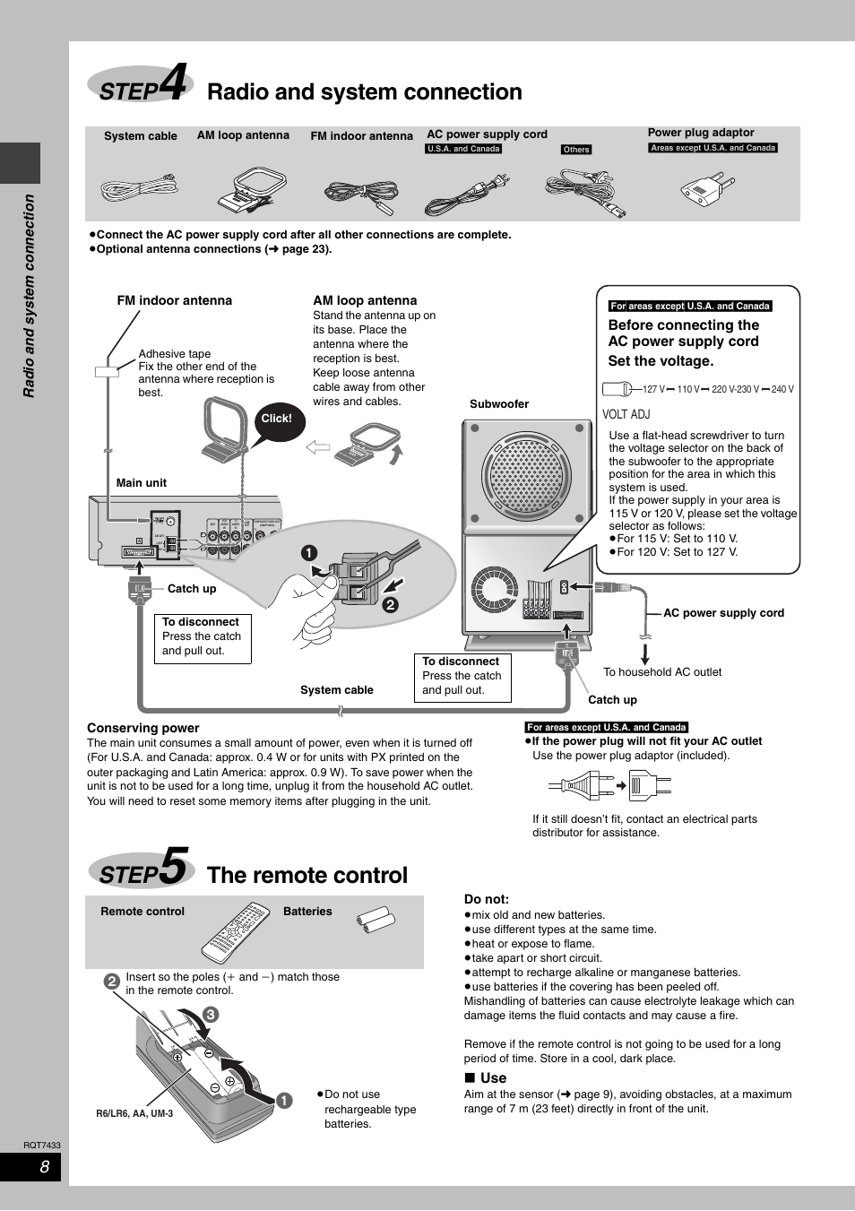 Step 4 radio and system connection, Step 5 the remote control, Step | Radio and system connection, The remote control | Panasonic SC-HT692 User Manual | Page 8 / 36